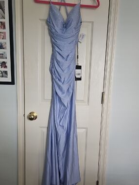 Brand New La Femme Light Blue (Periwinkle) Sparkle Eve Gown With Fishtail Hem.